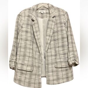 Elle Woman's Jacket OpenUp Plaid Lined 3/4 Sleeves White/Grey Cotton Blend Large